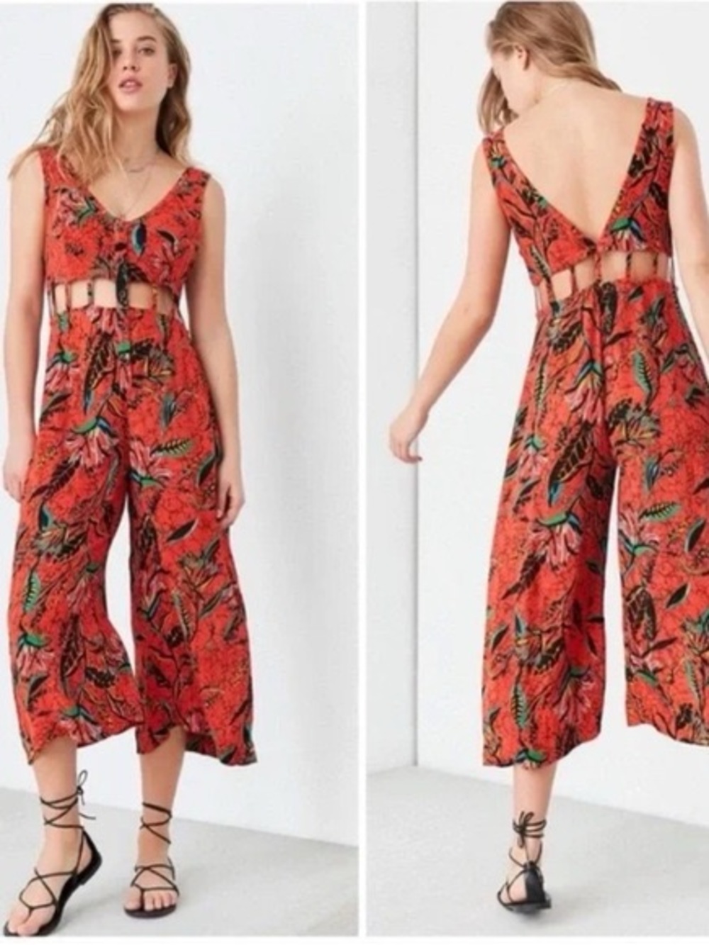 Women's Red Floral Cutout Jumpsuit